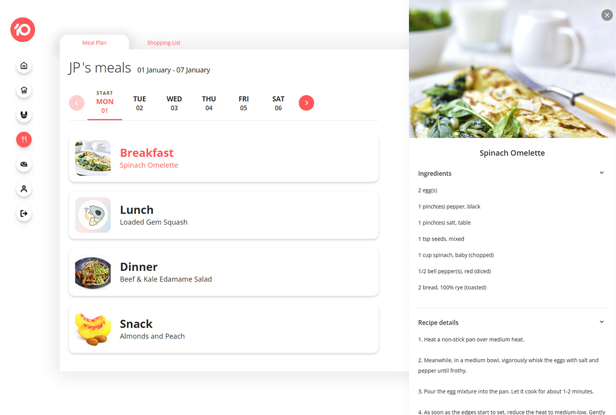 Screenshot of Best10 app dashboard developed by KRS screenshot of meal plans